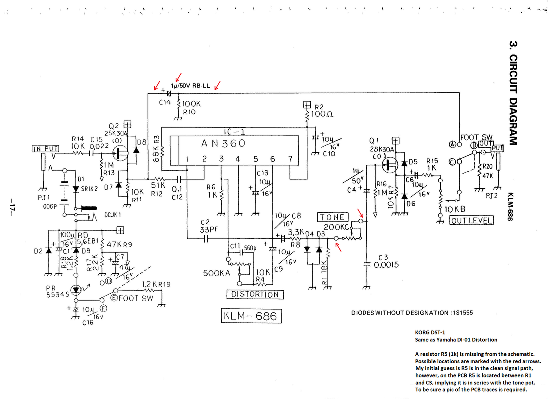 KORG DST-1 Yamaha DI-01 Distortion - sch (R5 markup)