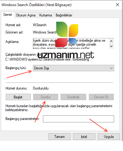 Windows Search kapatma Windows 10
