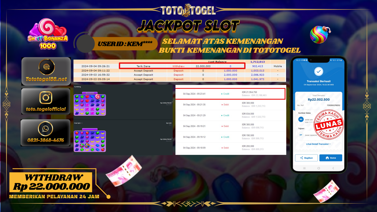 Bukti Kemenangan Permainan Slot Sweet bonanza 1000 Dengan ID : KEM*** Terbayar Lunas!!