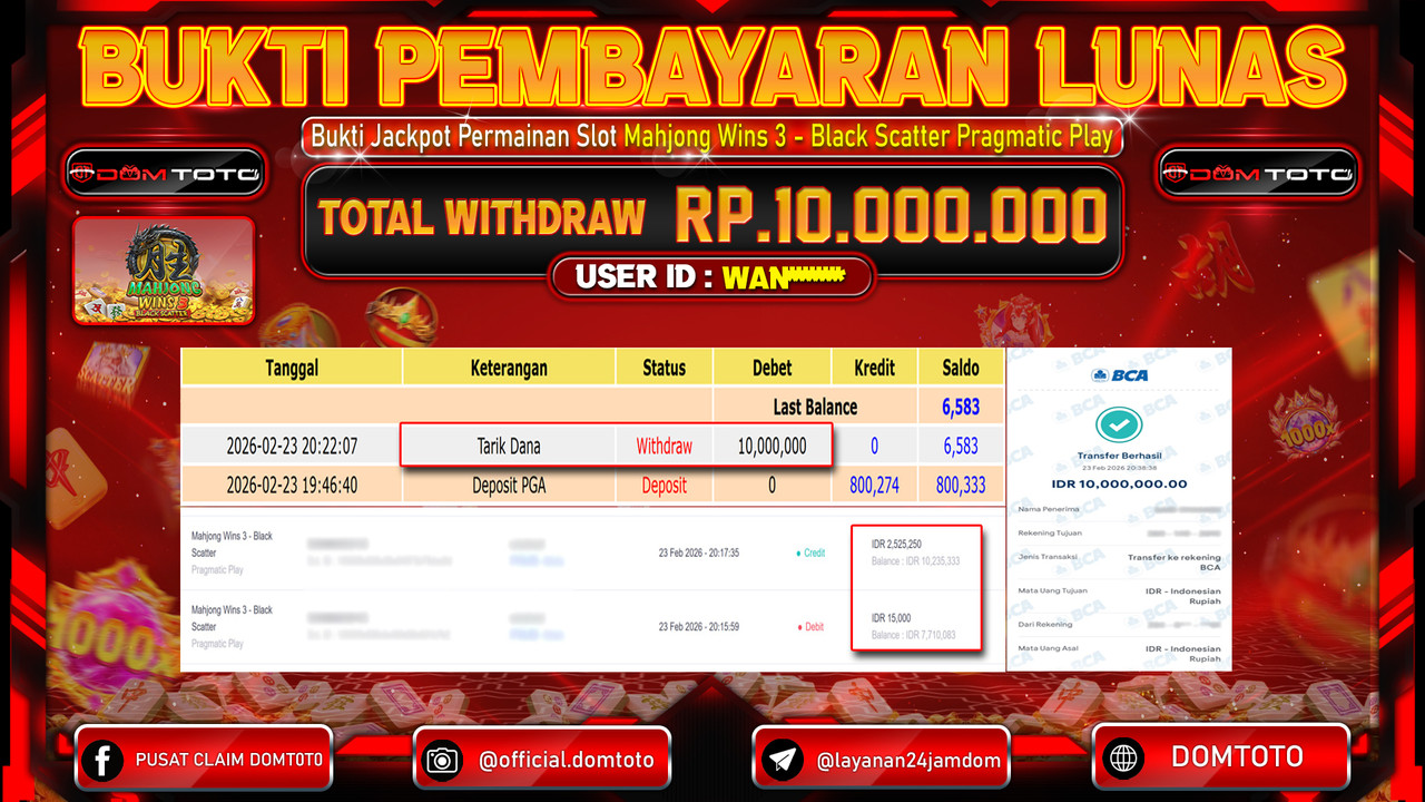 JACKPOT Menang Slot Mahjong Wins 3 - Black Scatter Pragmatic Play 23 FEBRUARI 2026