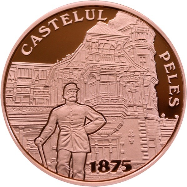 Реверс монети 1 лей Замок Пелеш — статуя Кароля I, напис CASTELUL PELES 1875