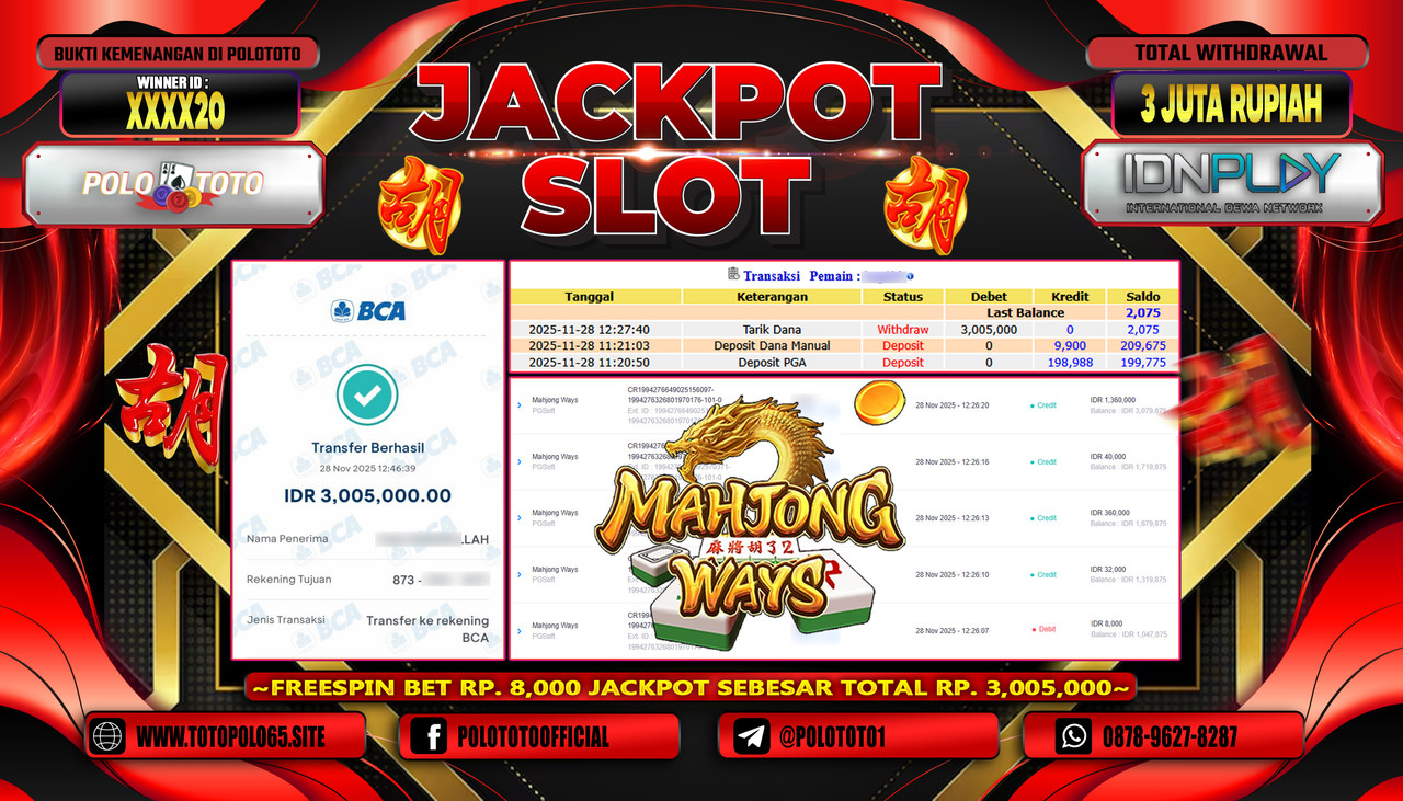 POLOTOTO JACKPOT SLOT MAHJONG WAYS Rp.3.000.000,- LUNAS