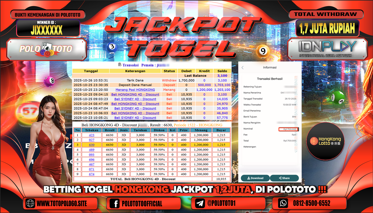 POLOTOTO JACKPOT TOGEL MENANG HONGKONG LOTTO Rp.1.700.000,- LUNAS