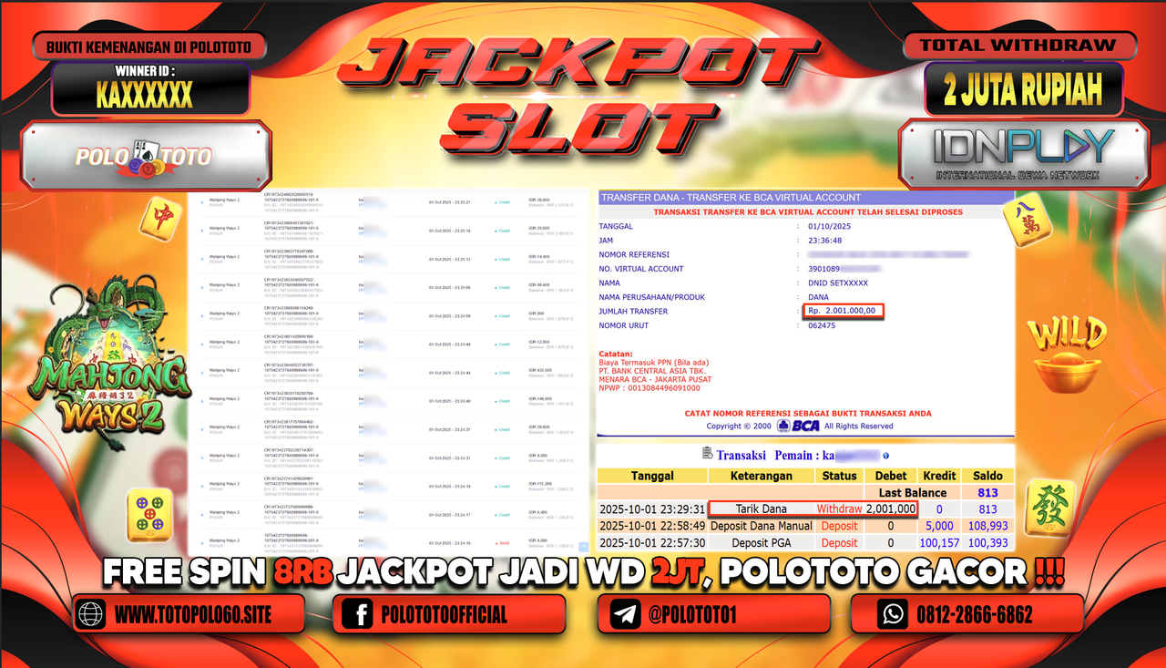 POLOTOTO JACKPOT SLOT MAHJONG WAYS 2 Rp.2.000.000,- LUNAS