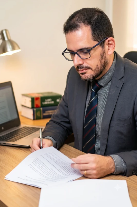 Dr. Júlio Veloso analisando documentos jurídicos em seu escritório