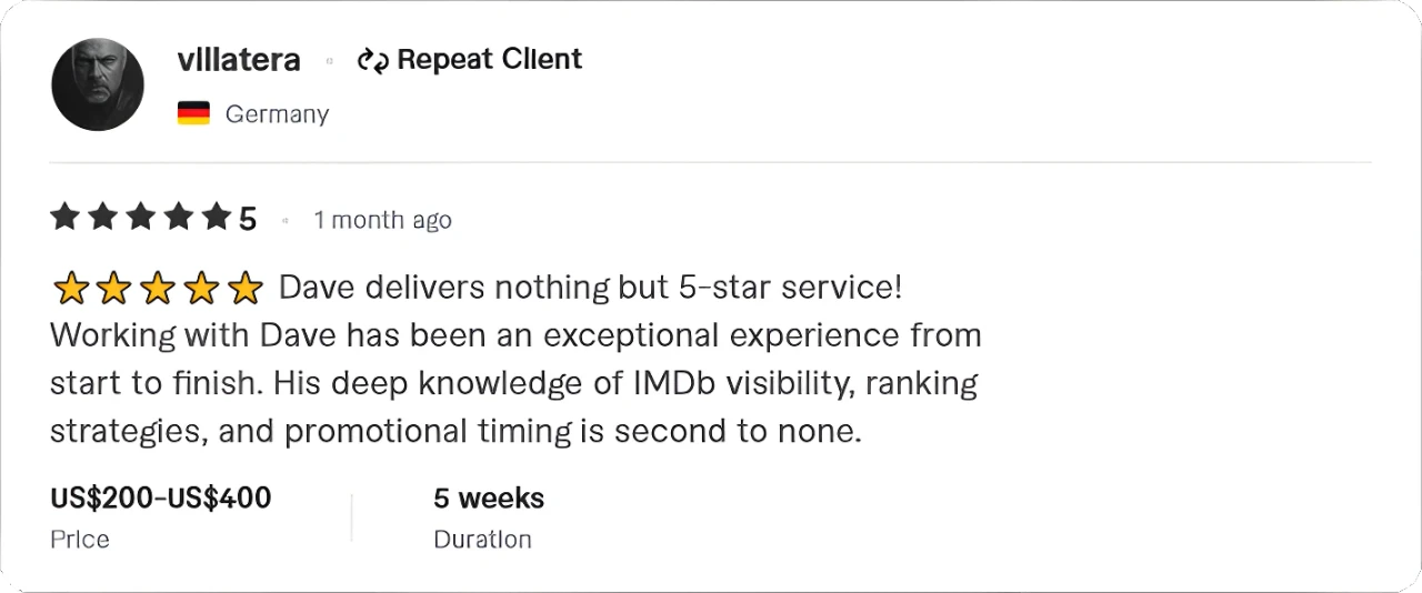 Positive client review praising IMDb STARmeter rank boost service for safe organic results, visibility, and support.