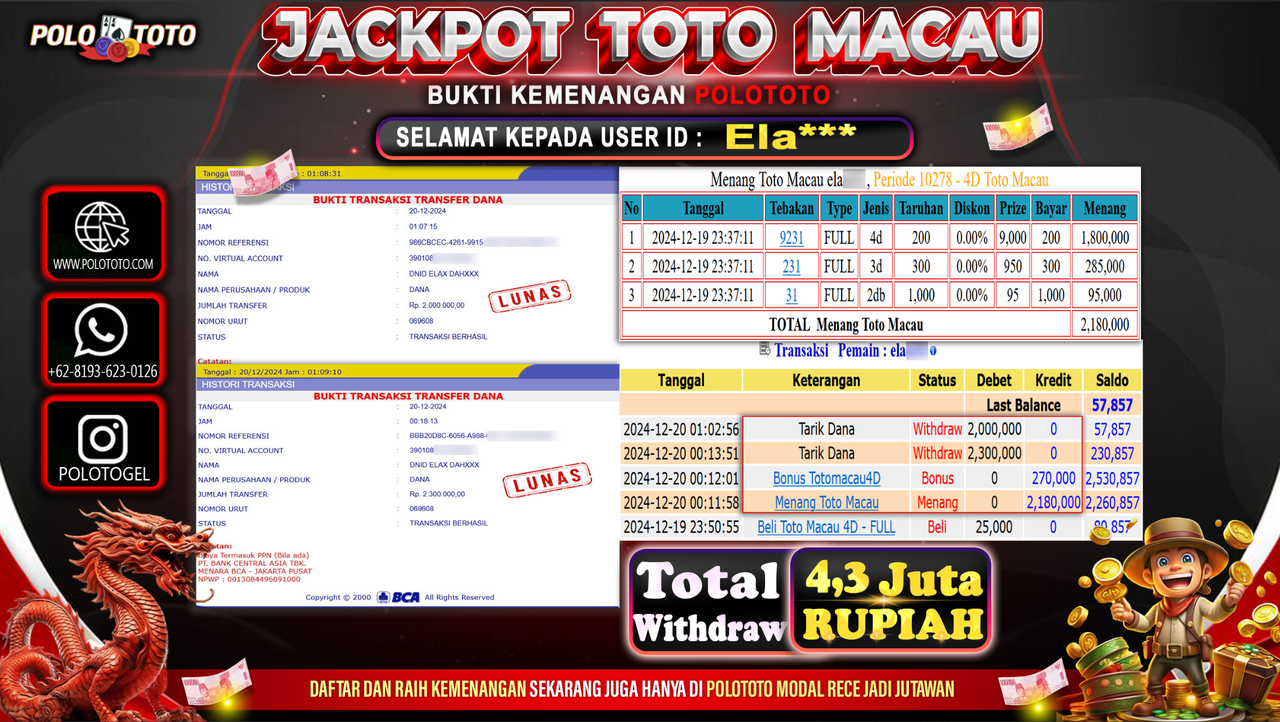 POLOTOTO JACKPOT TOGEL TOTO MACAU Rp.4,300.000,-