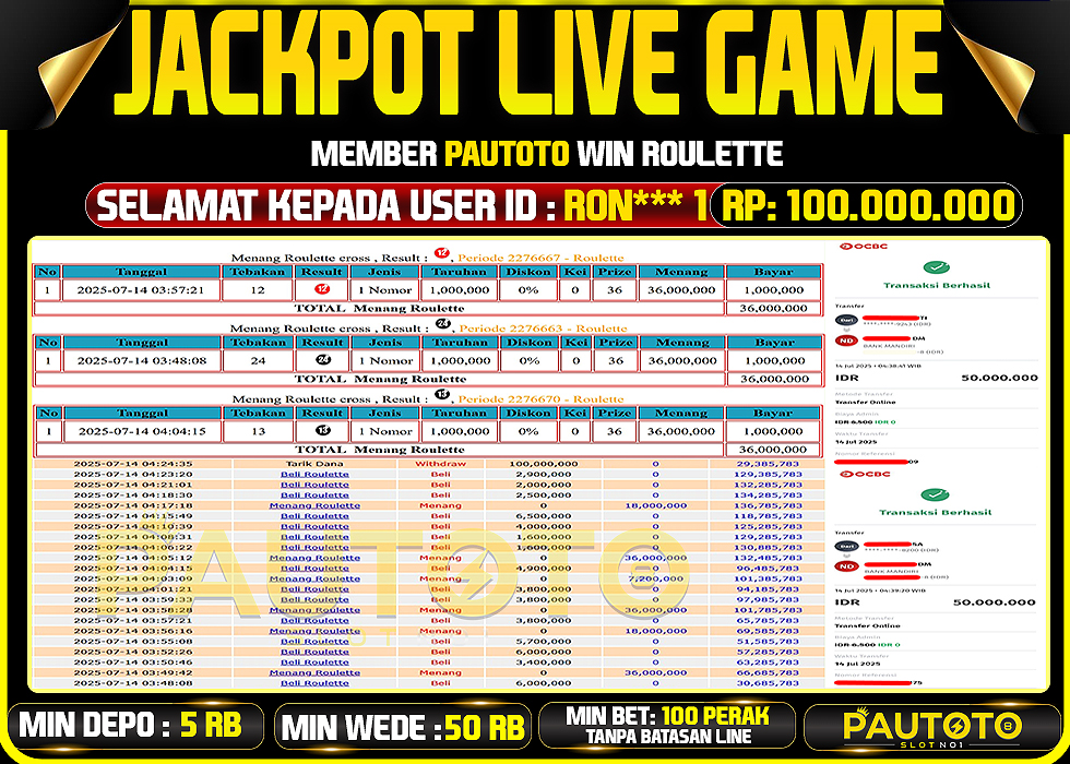 BUKTI PEMBAYARAN TGL 13 JULY 2025 MENANG DI PERMAINAN ROULETTE TOTAL WD 100 JUTAAN
