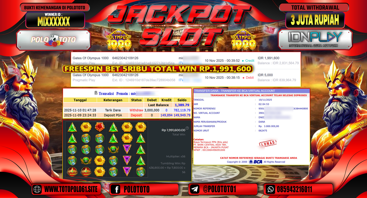 POLOTOTO JACKPOT SLOT GATES OF OLYMPUS 1000 Rp.3.000.000,- LUNAS