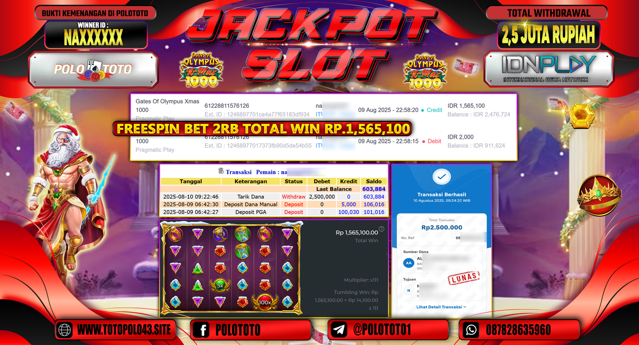 POLOTOTO JACKPOT SLOT GATES OF OLYMPUS XMAS 1000 Rp.2.500.000,-LUNAS