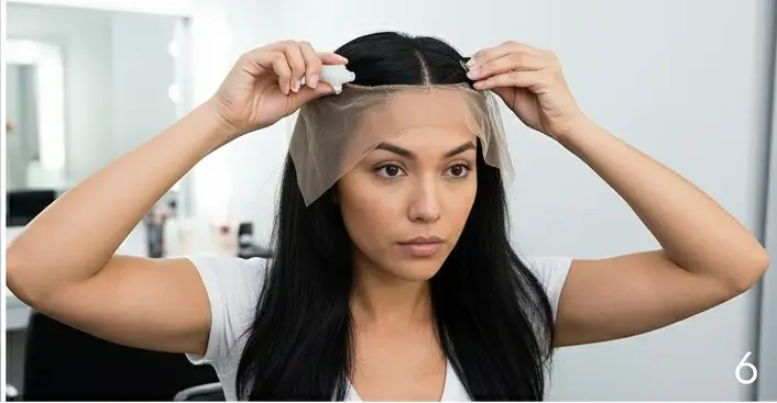 تطبيق الغراء أو الشريط اللاصق على خط الجبهة لتثبيت دانتيل الباروكة الأمامي بإحكام