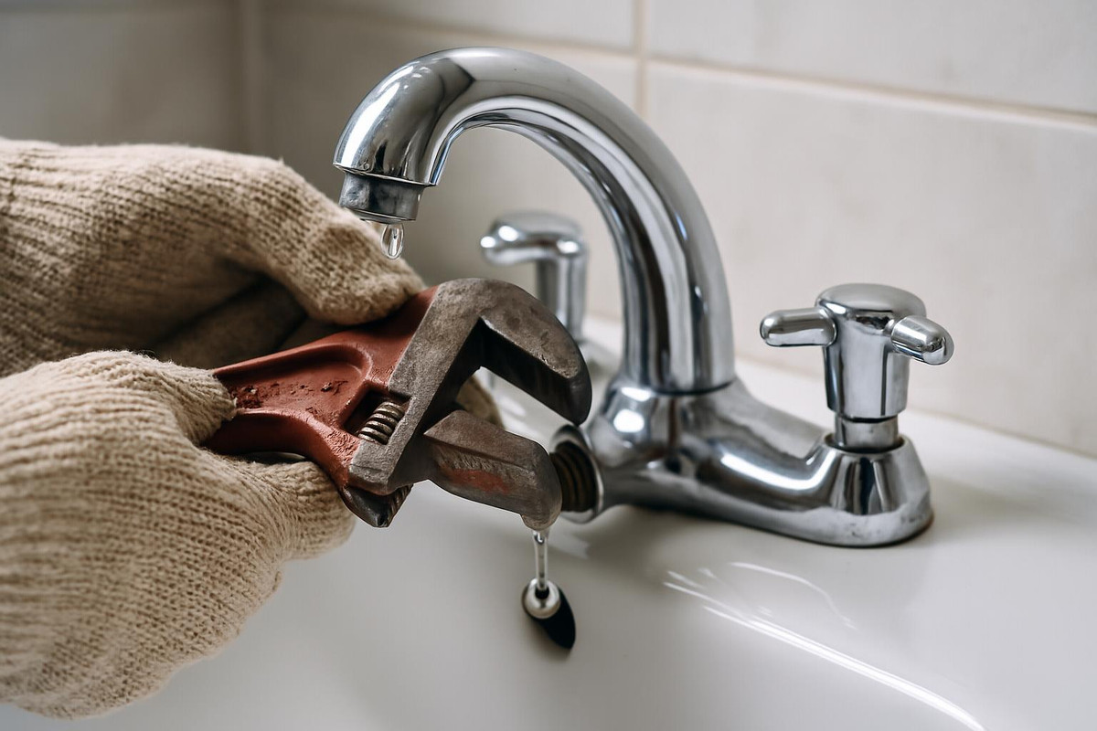 Pessoa realizando reparo hidráulico caseiro em torneira pingando.