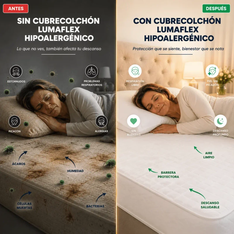Comparación antes y después del Cubrecolchón Deluxe hipoalergénico Lumaflex