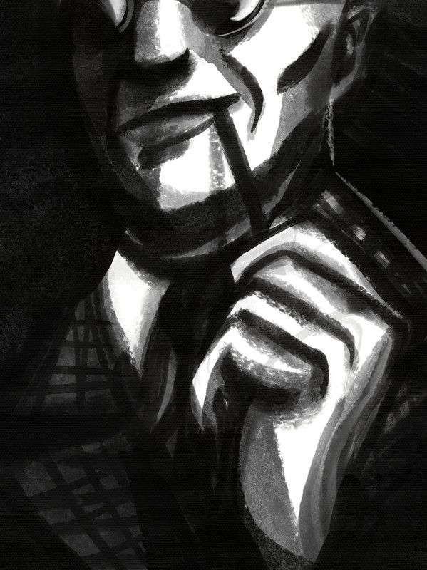 hugo with a pen between his lips, his eyes out of frame