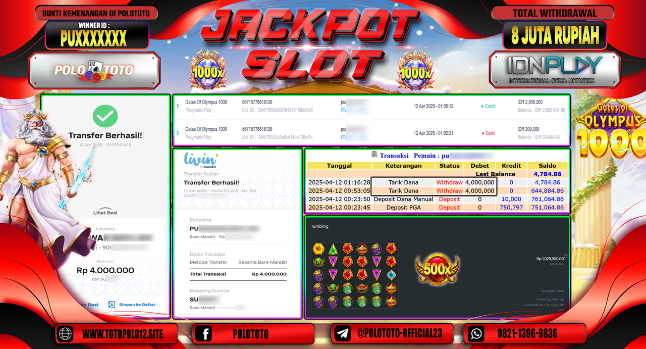 POLOTOTO JACKPOT SLOT GATES OF OLYMPUS 1000  Rp.8.000.000,-