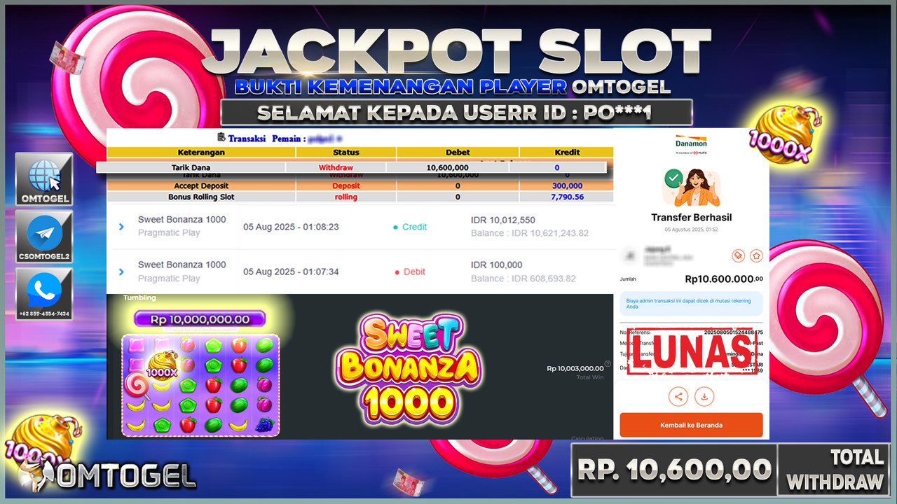 OMTOGEL JACKPOT PRAGMATIC PLAY SWEET BONANZA 1000 10 JUTA DIBAYAR LUNAS,-