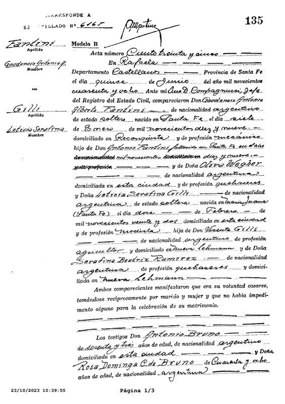 Acta Matrimonio Gaudencio Antonio Alberto Fantini