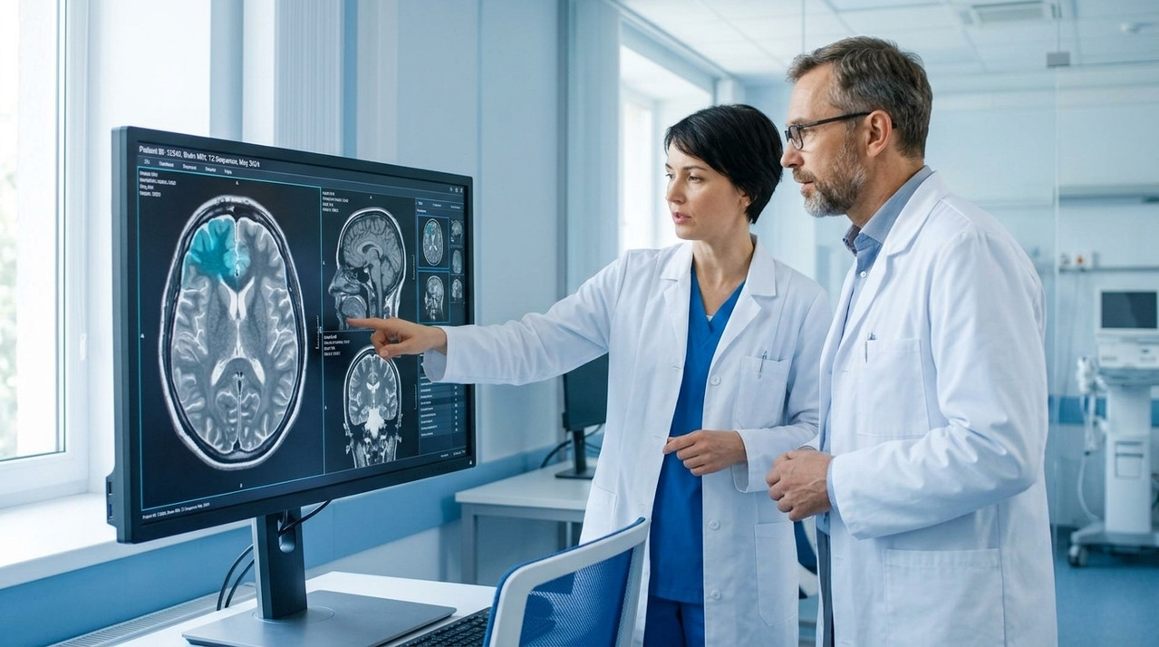 Researchers studying early signs of cognitive decline in a modern neuroscience laboratory