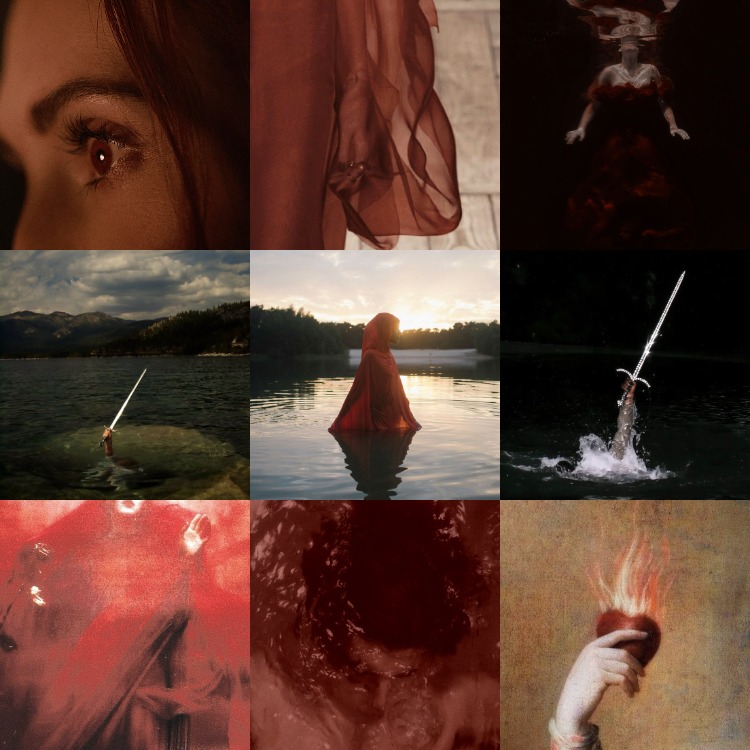 A 3x3 moodboard. The first row shows a close-up of a red eyed woman, a close-up of a hand in sheer red fabric, and a woman dressed in red swimming to the surface of water. The second row shows a woman in red standing in the middle of a lake with a picture of an arm holding a sword out a lake on either side. The third row shows a hazy photo of a woman in red fabric, a red-tinged of a woman rising from underwater, and a close-up of a painting of a hand holding a heart on fire.