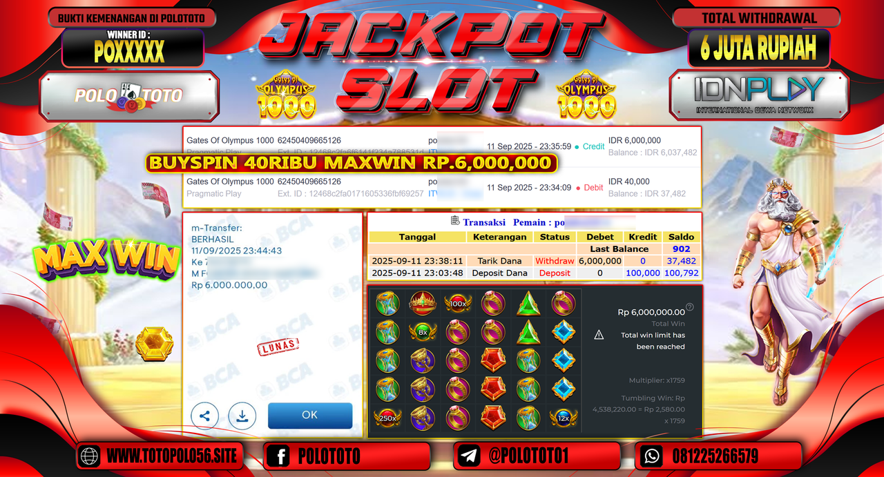 POLOTOTO JACKPOT SLOT GATES OF OLYMPUS 1000 Rp.6.000.000,-