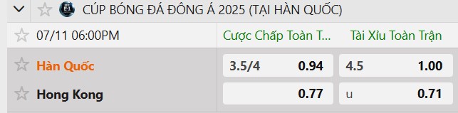 Tỷ lệ kèo Hàn Quốc vs Hong Kong Trung Quốc