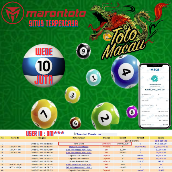 Bukti Kemenangan Member Marontoto Sebesar 10,000,000 JuTa