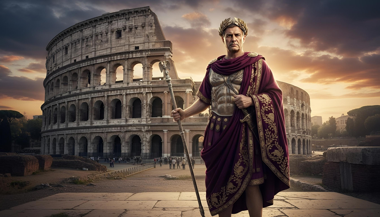 Imagem de destaque do artigo sobre o Império Romano com colunas e arquitetura clássica