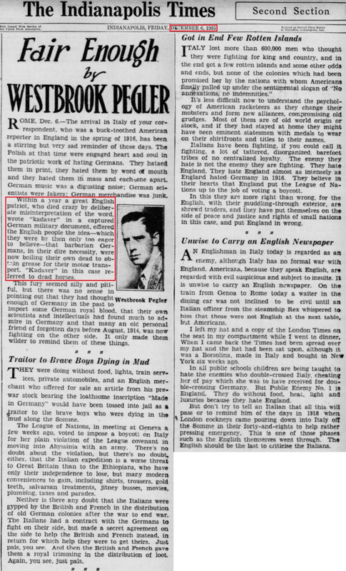 WW1 - The Indianapolis Times - December 1935 - Corpse-Factory Story - the patriotic work of hating G