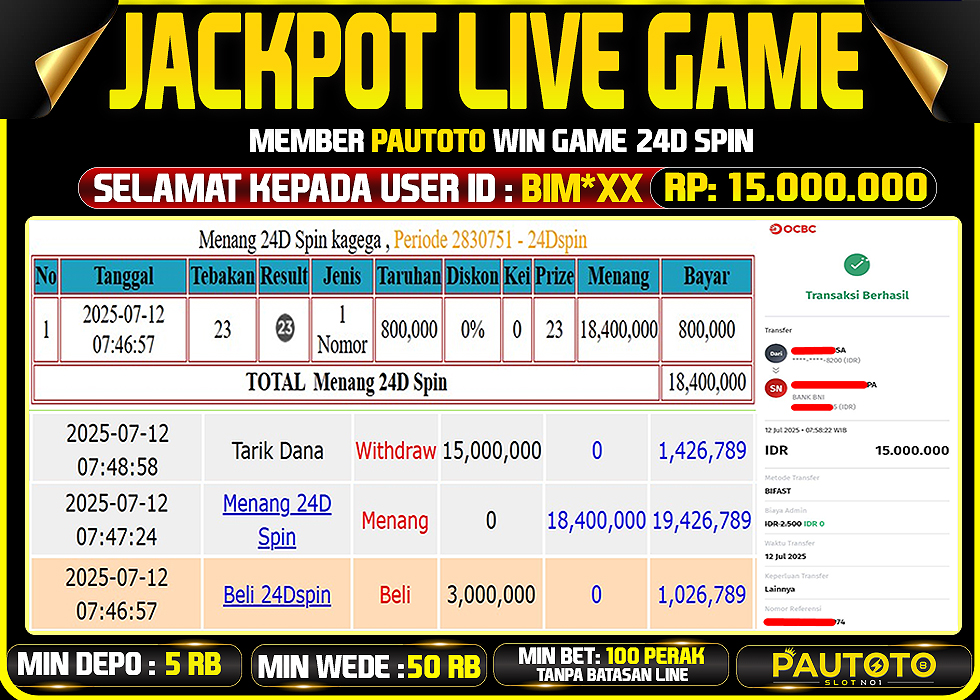 BUKTI PEMBAYARAN TGL 12 JULY 2025 MENANG DI PERMAINAN 24D SPIN WAYS TOTAL WD 15 JUTAAN