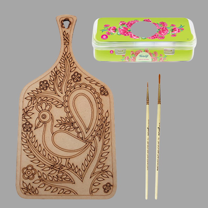Madhubani painting on Engraved MDF Chopping Board Hobbyist level DIY Kit 