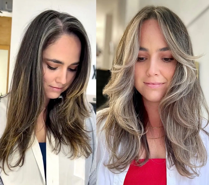 Brunette gray hair with balayage root melting to blonde color