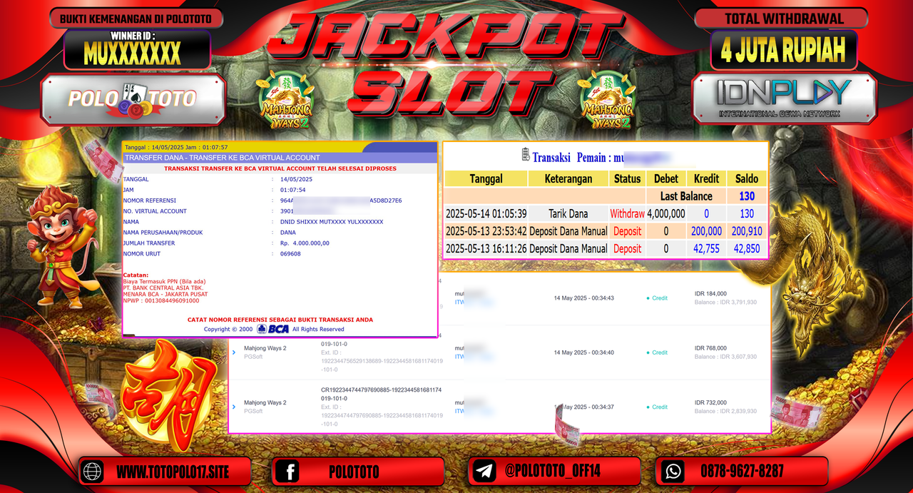 POLOTOTO JACKPOT SLOT MAHJONG WAYS 2 Rp.4.000.000,-