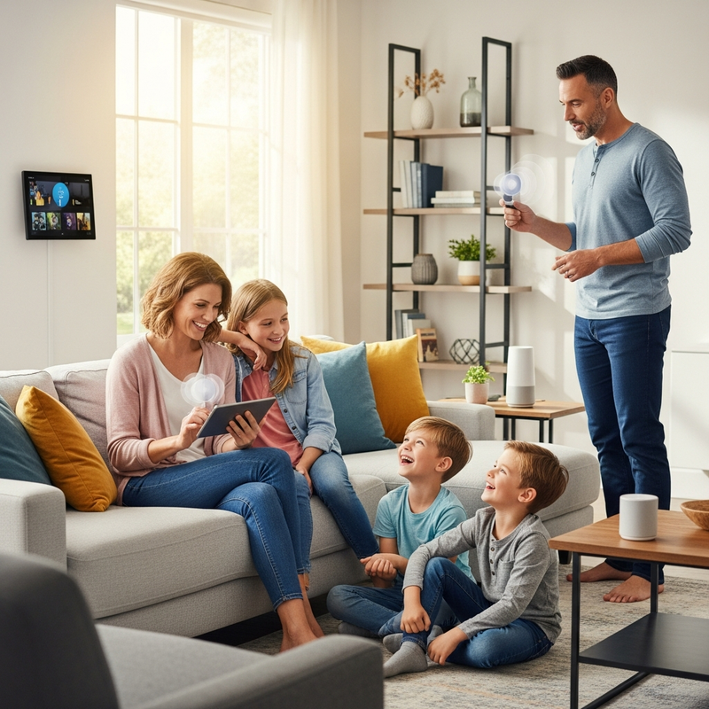 Happy family using smart home devices together in modern living room