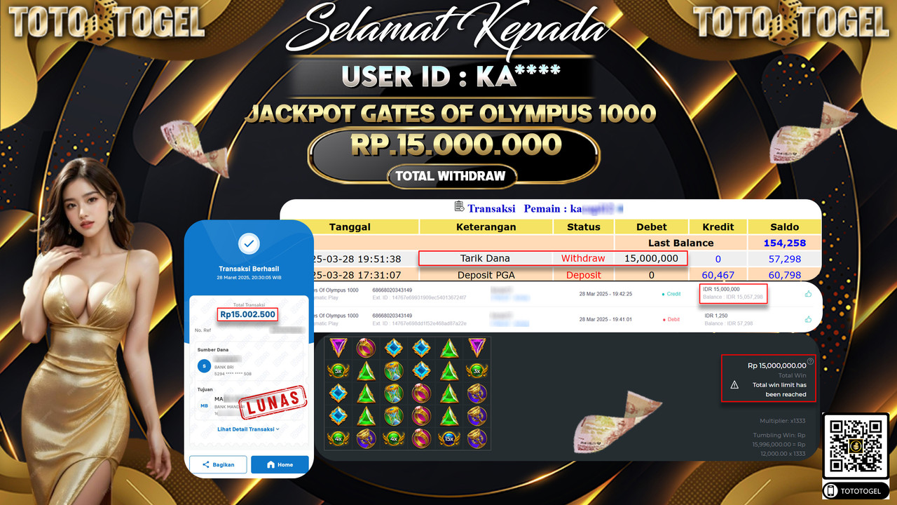 Bukti Pembayaran Jackpot  Permainan Slot Gates Of Olympus 1000 2 ID:KA***** LUNAS