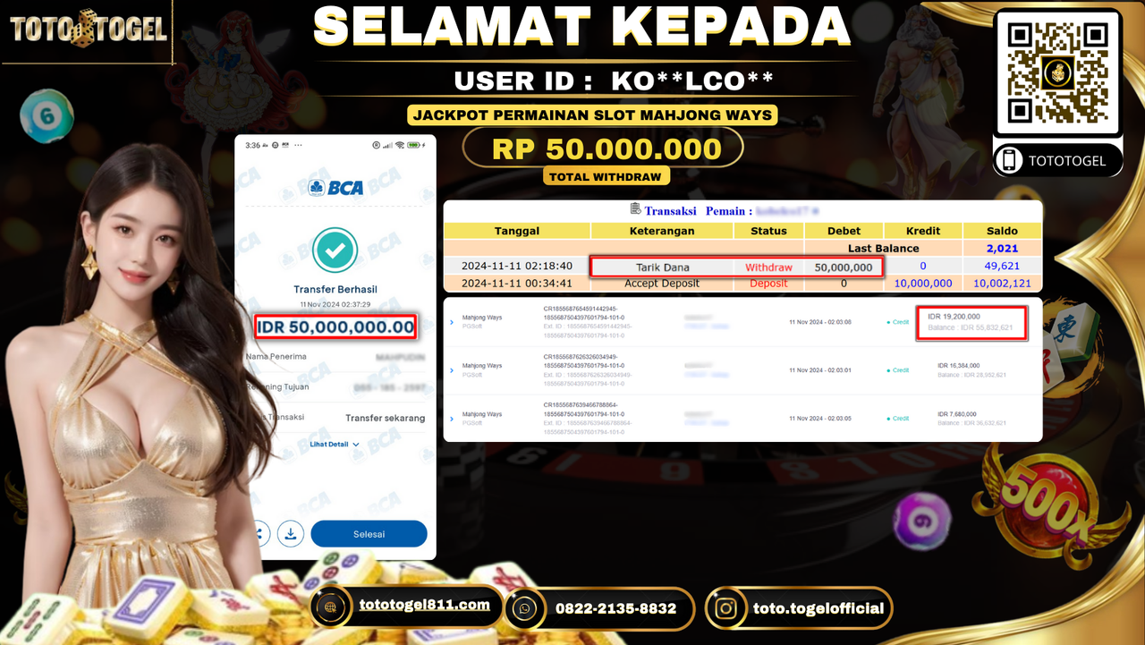 Bukti Pembayaran Jackpot Permainan Slot Mahjong Ways  ID:KO**LCO** LUNAS 