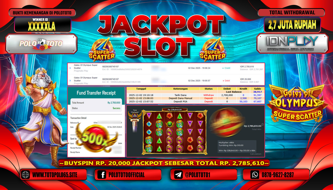 POLOTOTO JACKPOT SLOT GATES OF OLYMPUS SUPER SCATTER Rp.2.700.000,- LUNAS