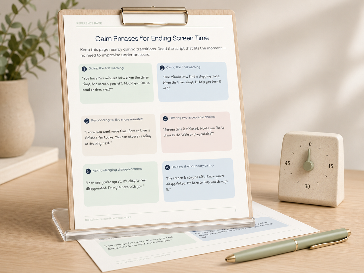 Parent scripts page displayed on a clipboard, showing calm transition phrases