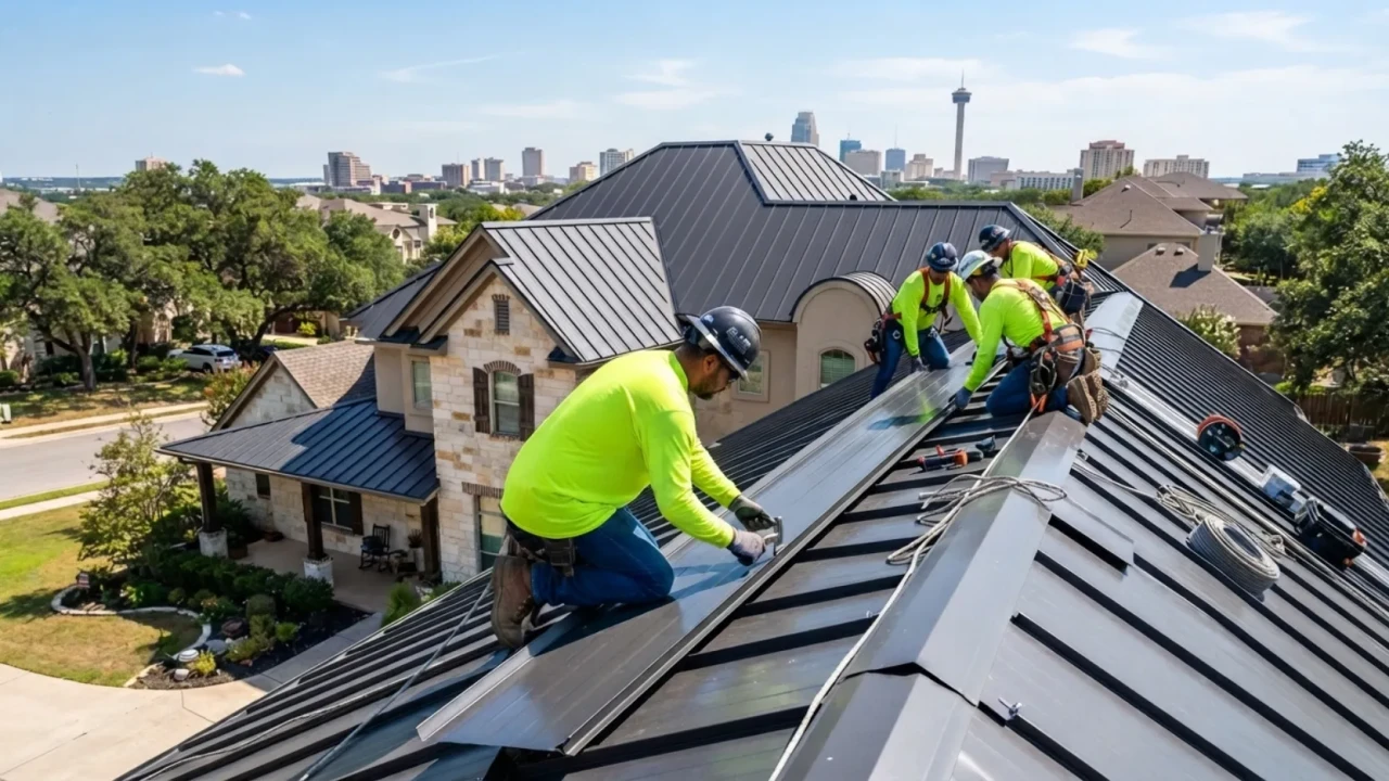 Professional metal roof installation crew working on a San Antonio home