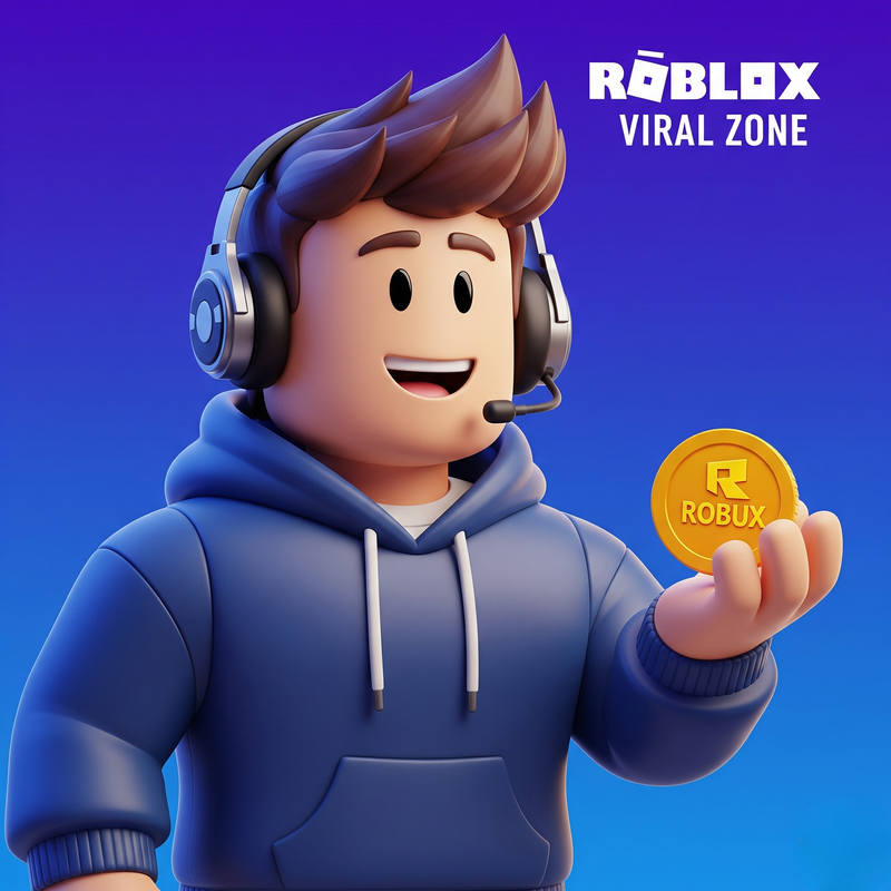 Smiling Roblox character holding Robux