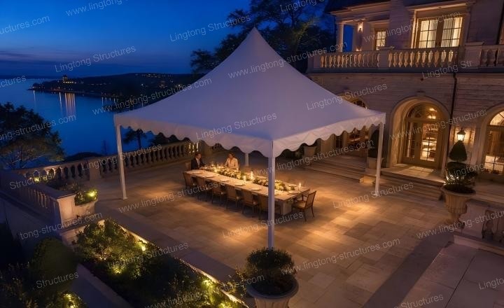 Pagoda wedding marquee set up on a green lawn for an outdoor wedding ceremony
