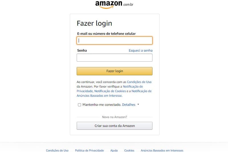 Tela de login da conta da Amazon