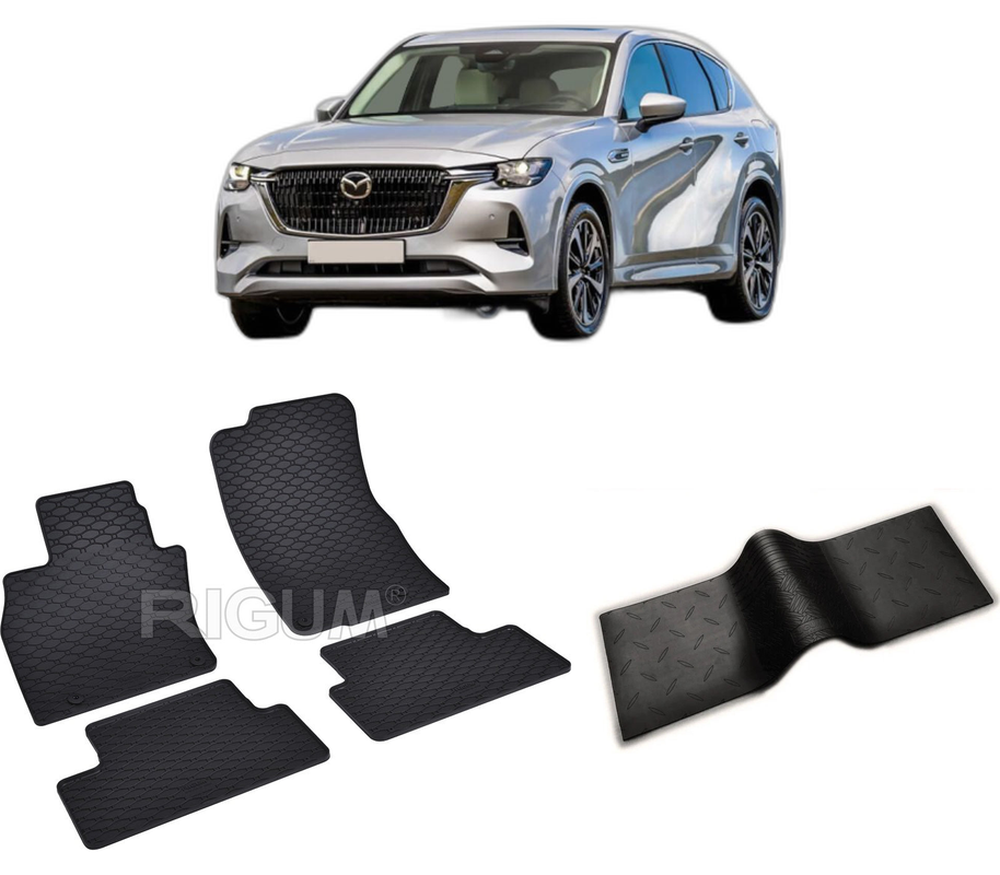 Set covorase auto MAZDA CX -60 PHEV din 08.2022-PREZENT, cu covoras tunel median, CAROSERIE SUV, Presuri cauciuc 100%, compatibil cu autoturismul MAZDA CX -60 PHEV, Rigum