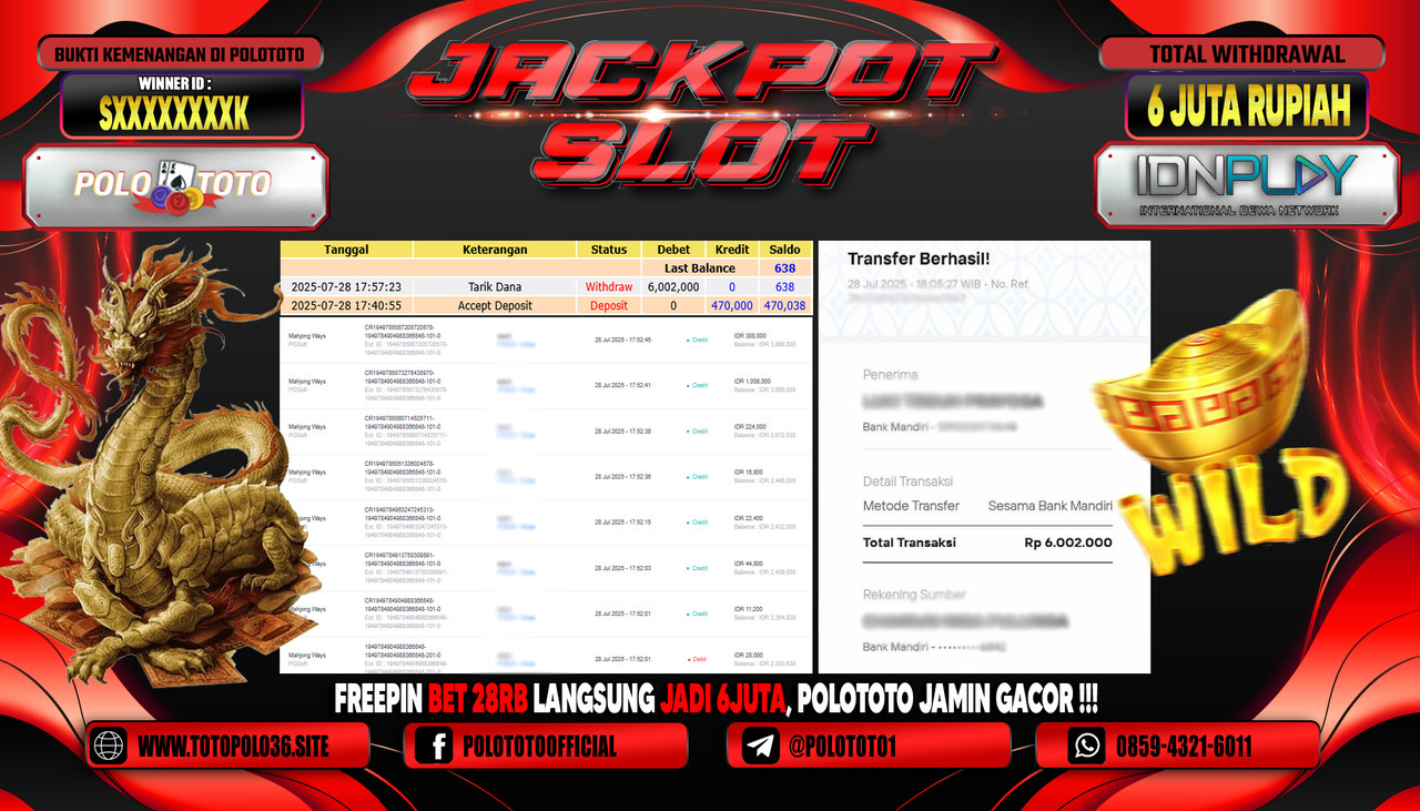 POLOTOTO JACKPOT SLOT MAHJONG WAYS Rp.6.000.000,-LUNAS