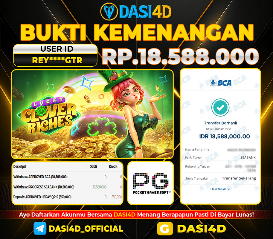 BUKTI KEMENANGAN 02 SEPTEMBER  2025 DI LUCKY CLOVER RICHES RP 18.588.000
