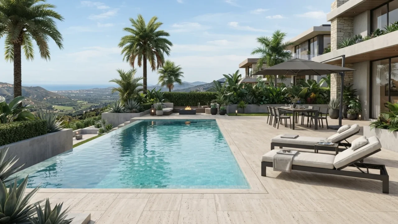 Upscale pool deck area with a stone tile style finish and outdoor furniture