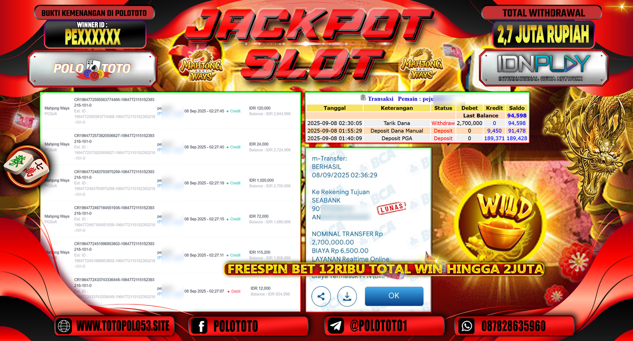 POLOTOTO JACKPOT SLOT MAHJONG WAYS Rp.2.700.000,-