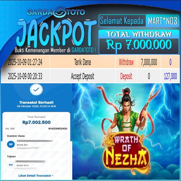 JACKPOT DI PERMAINAN Slot Wrath Of Nezha  WD Rp 7,000,000,- DIBAYAR LUNAS GARDATOTO MANTAP!