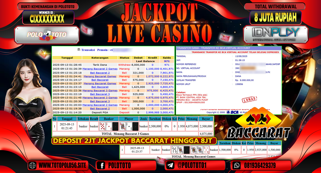 POLOTOTO JACKPOT LIVE CASINO BACCARAT Rp.8.000.000,-