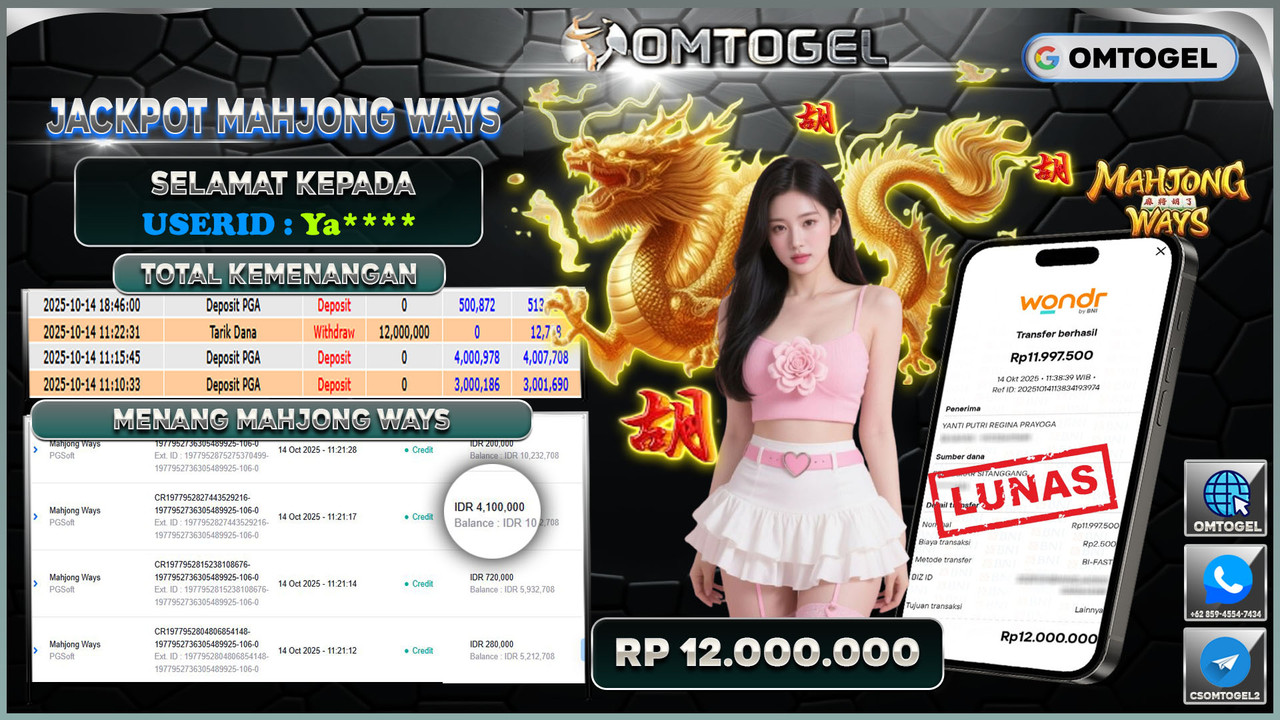 OMTOGEL JACKPOT PGSOFT MAHJONG WAYS 12 JUTA DI BAYAR LUNAS ,-