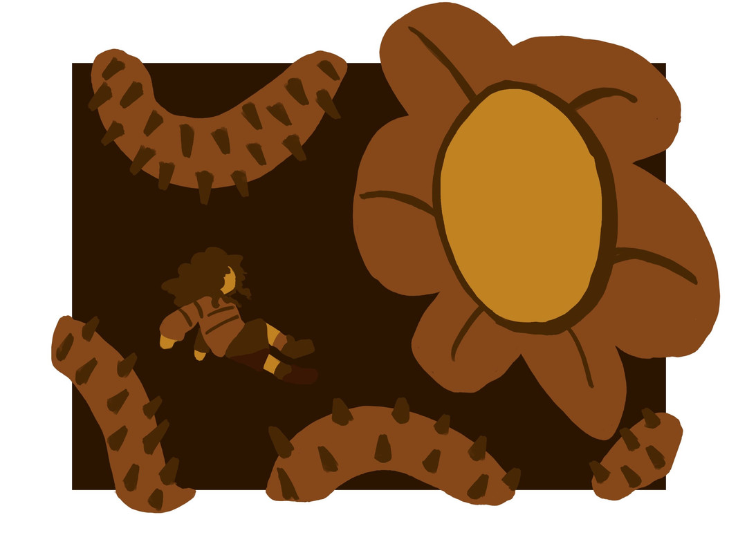 In the same color palette as UNDERTALE's intro story, a massive, faceless flower surrounded by thorny vines traps Frisk, floating on a dark background. The vines and flower break out of the background onto a white which matches the background of the chapter's text.